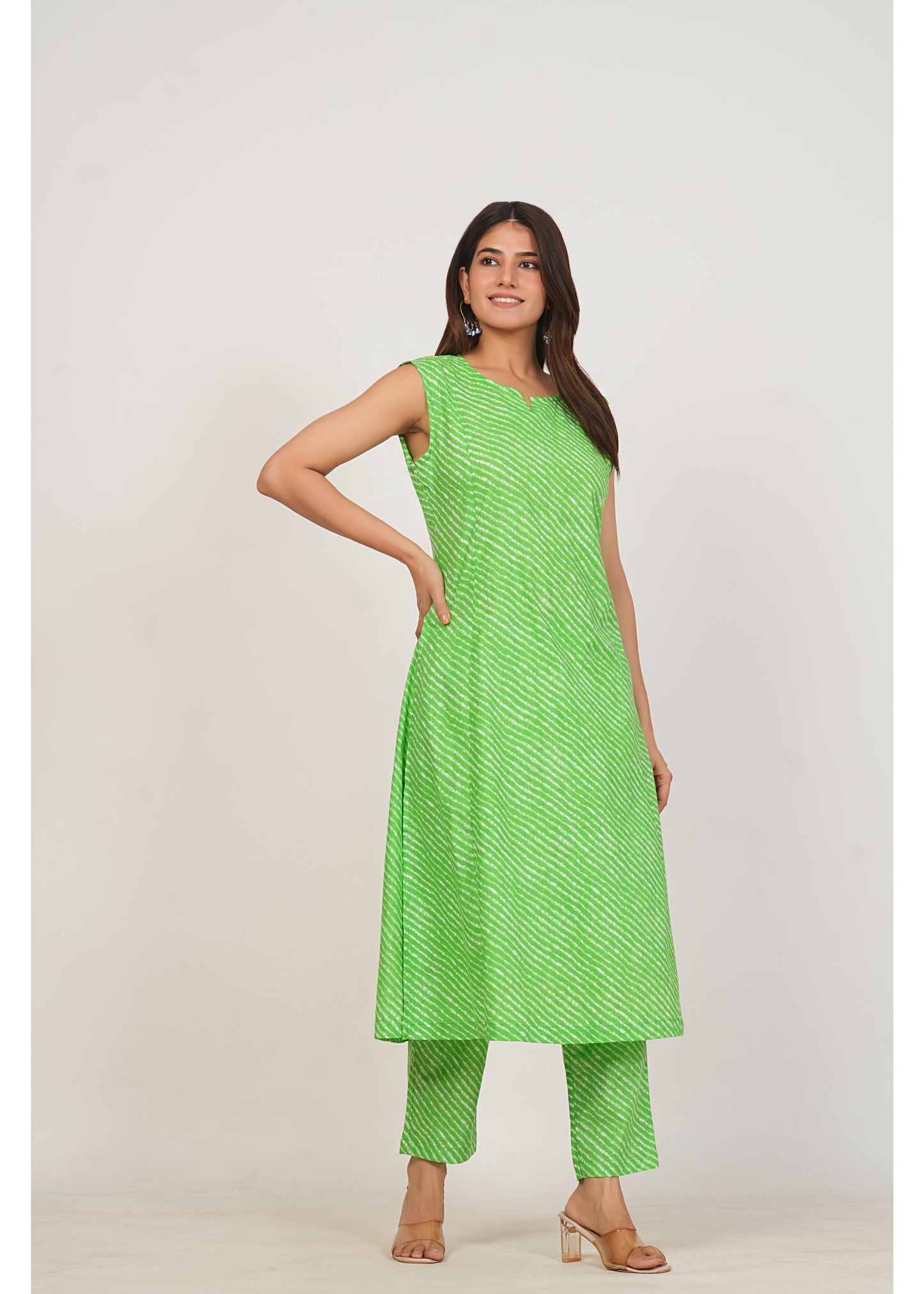 Green Leheriya Pure Cotton Kurti Pant Set