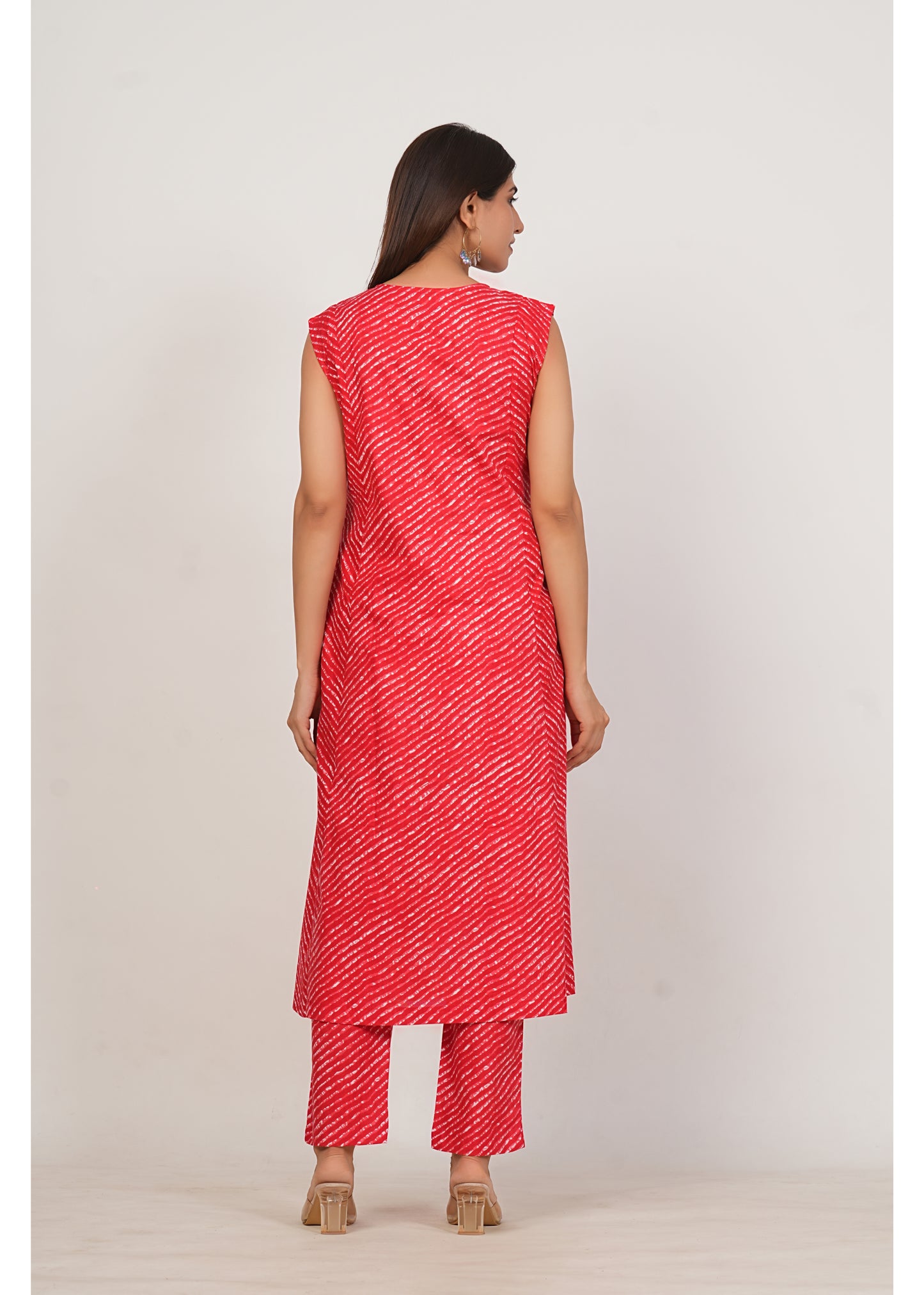 Red Leheriya Pure Cotton Kurti Pant Set