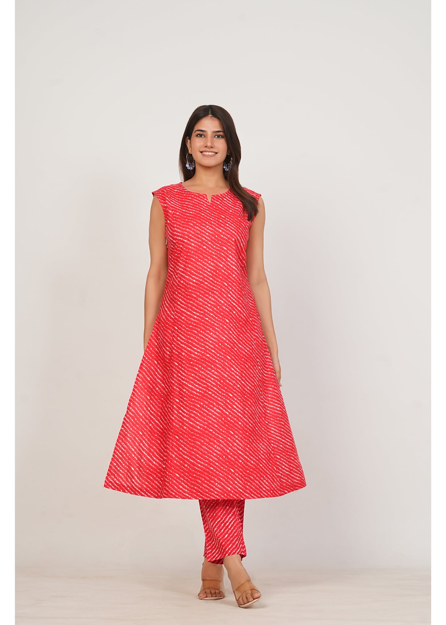 Red Leheriya Pure Cotton Kurti Pant Set