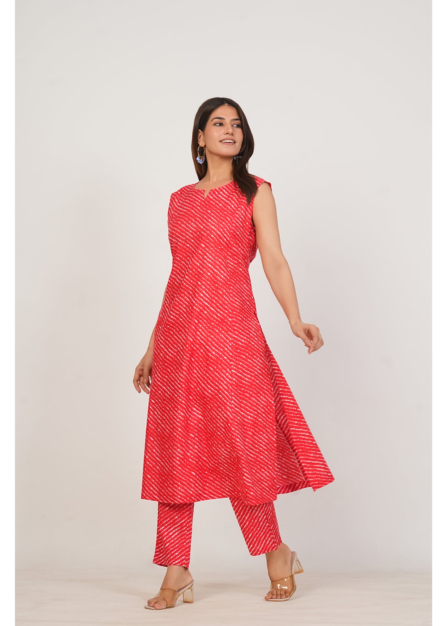 Red Leheriya Pure Cotton Kurti Pant Set