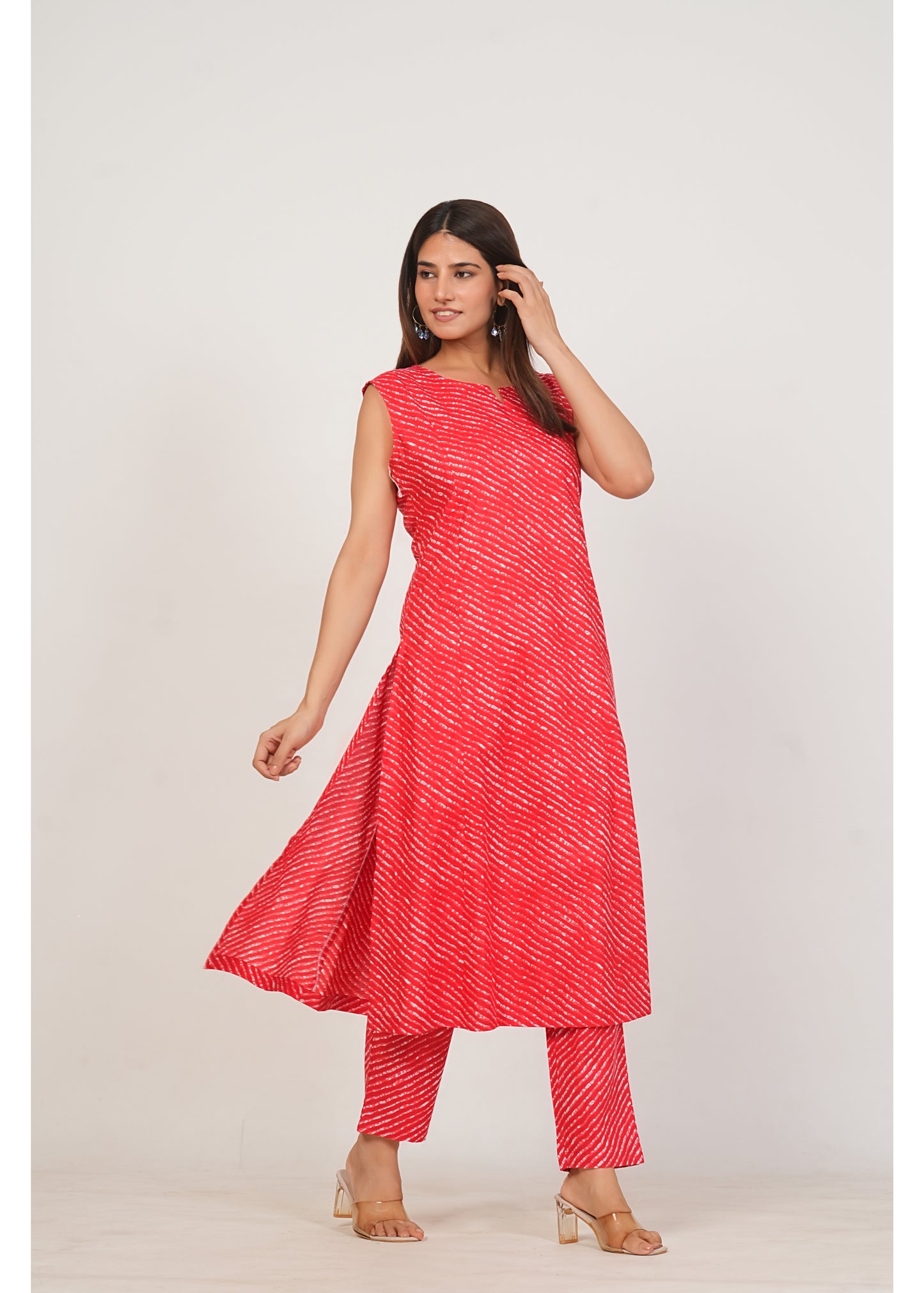 Red Leheriya Pure Cotton Kurti Pant Set