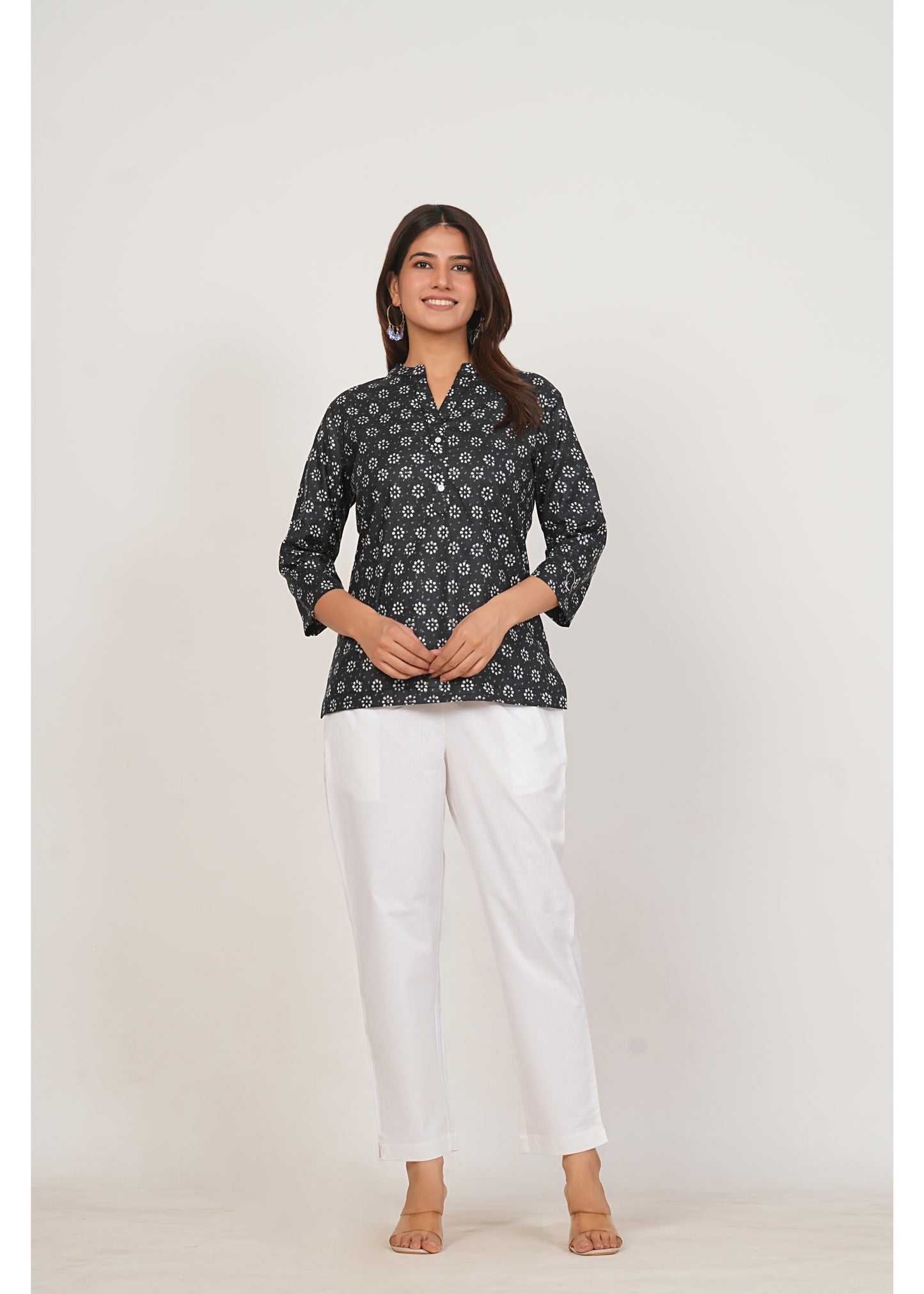 Black & White Printed Short Cotton Kurta