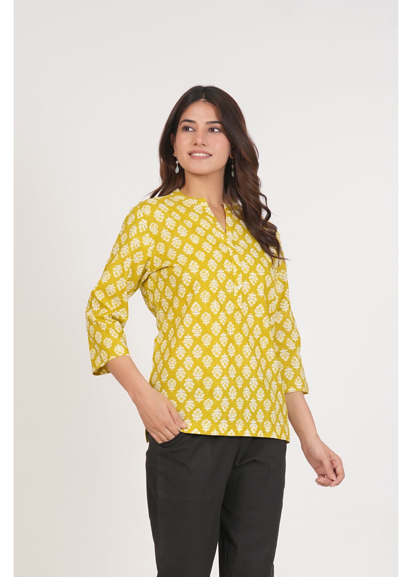 Lemon Floral Printed Short Straight Cotton Kurta