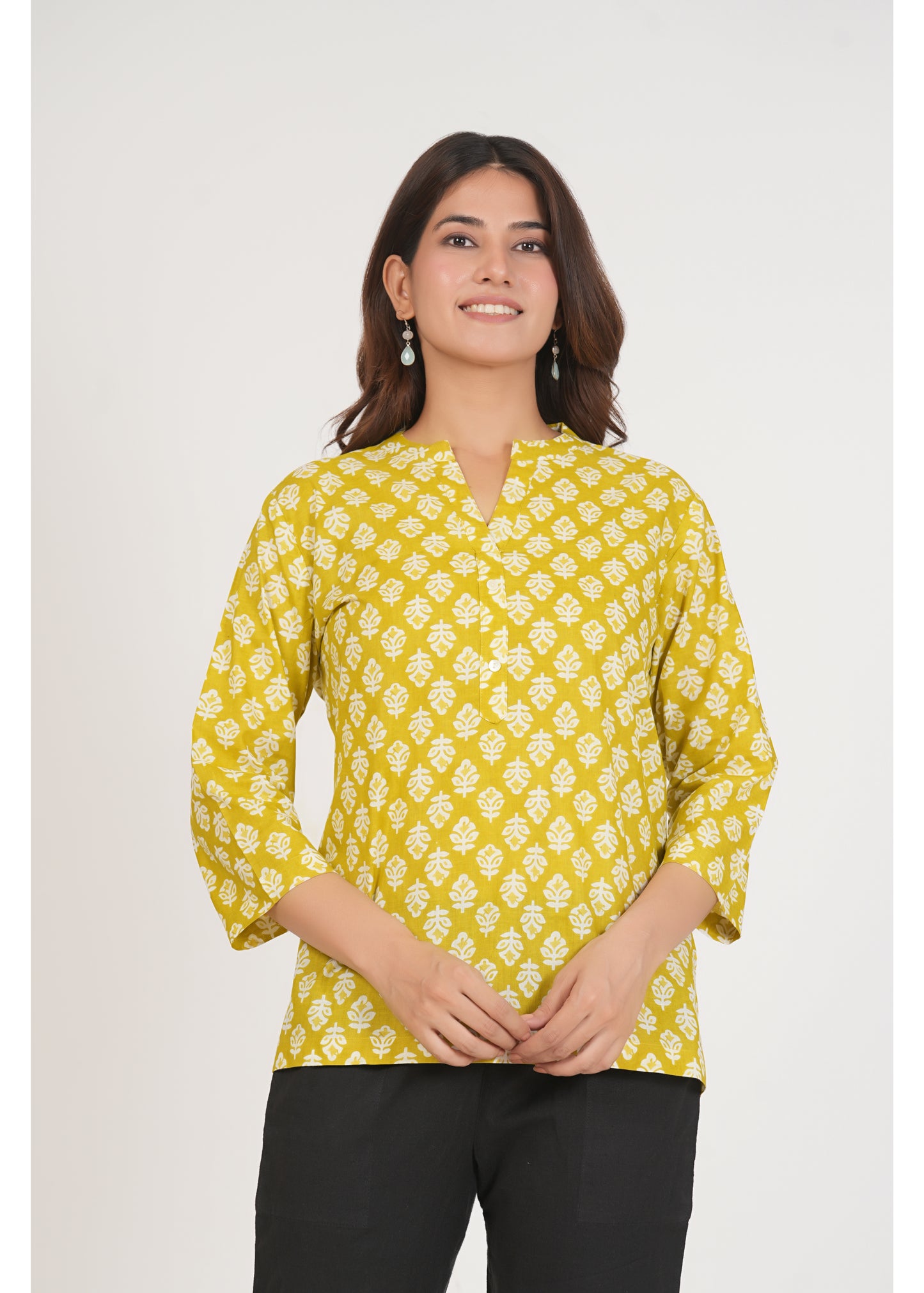Lemon Floral Printed Short Straight Cotton Kurta