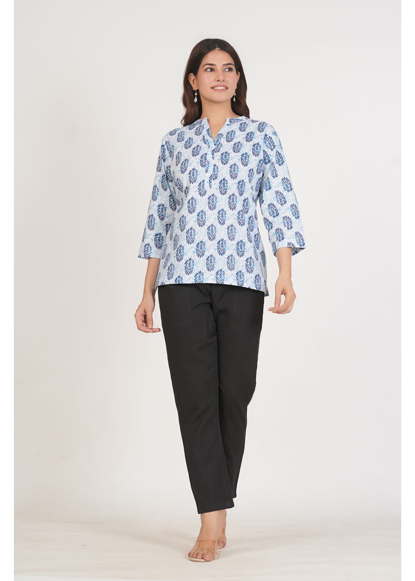 White & Blue Printed Short Straight Cotton Kurta