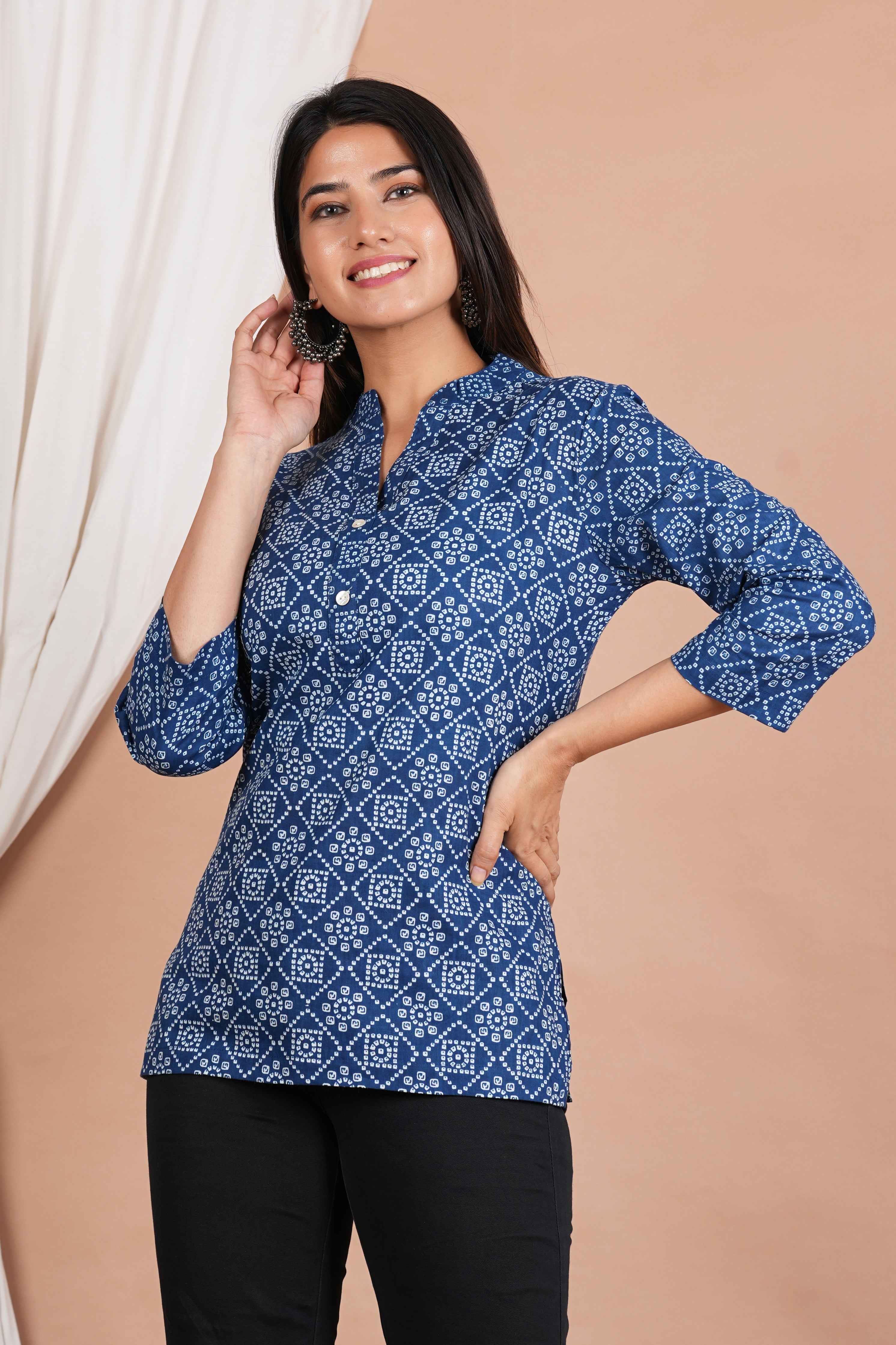 Blue Bandhani Short Straight Cotton Kurta – ASRAJ