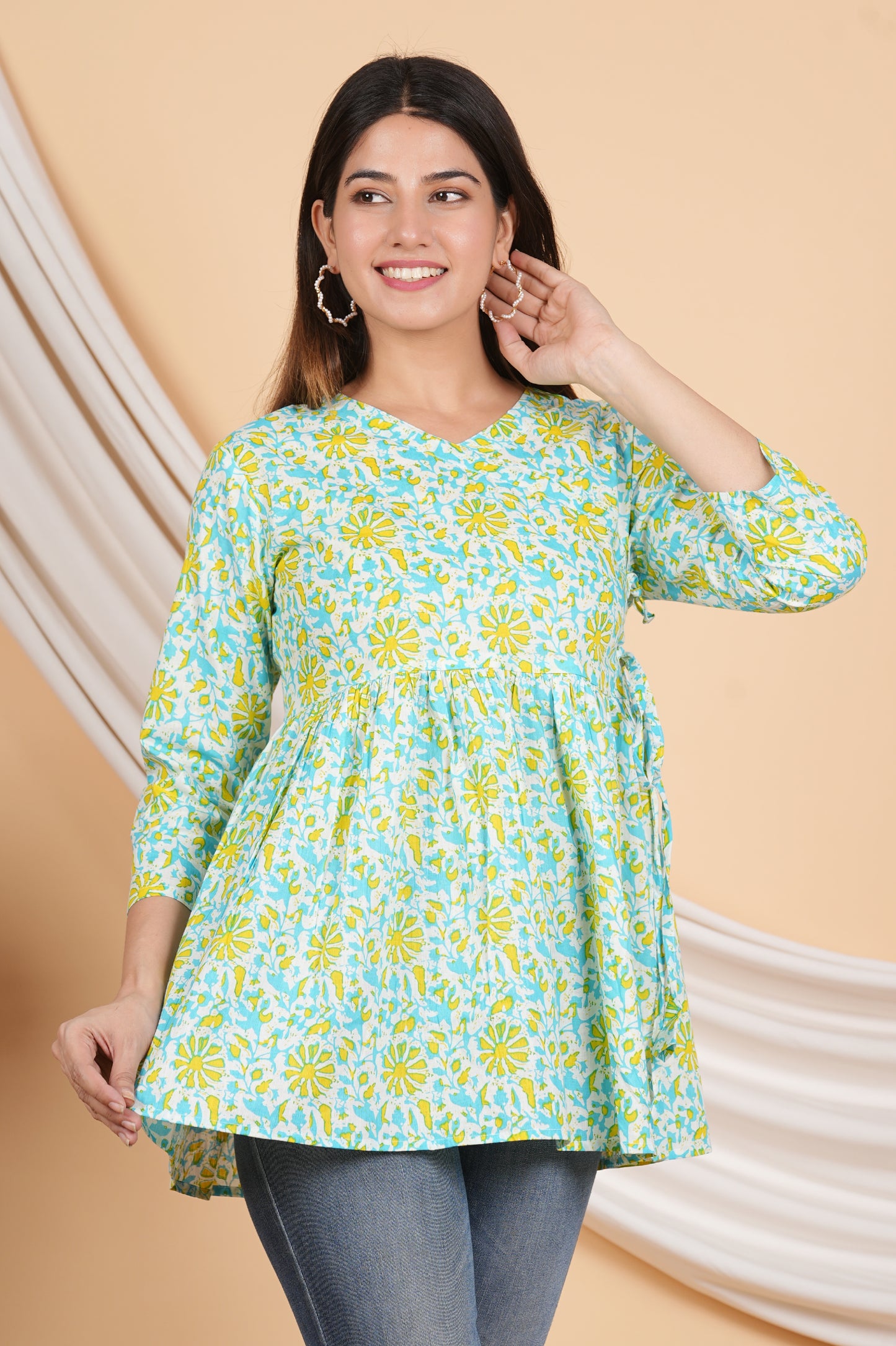 Yellow & Sky Blue Angrakha Rajasthani Kurti