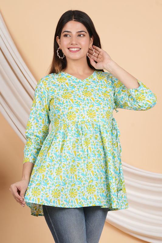 Yellow & Sky Blue Angrakha Rajasthani Kurti