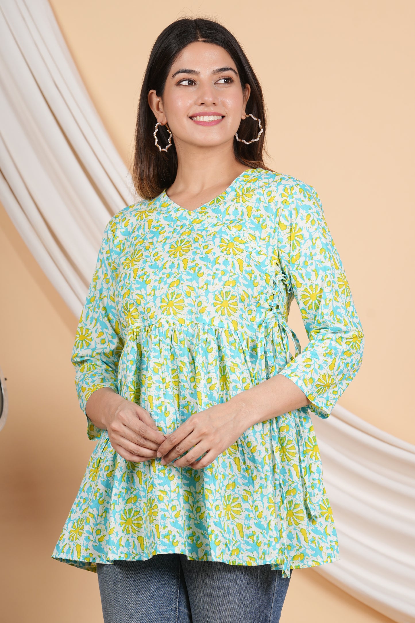 Yellow & Sky Blue Angrakha Rajasthani Kurti – ASRAJ CLOTHING