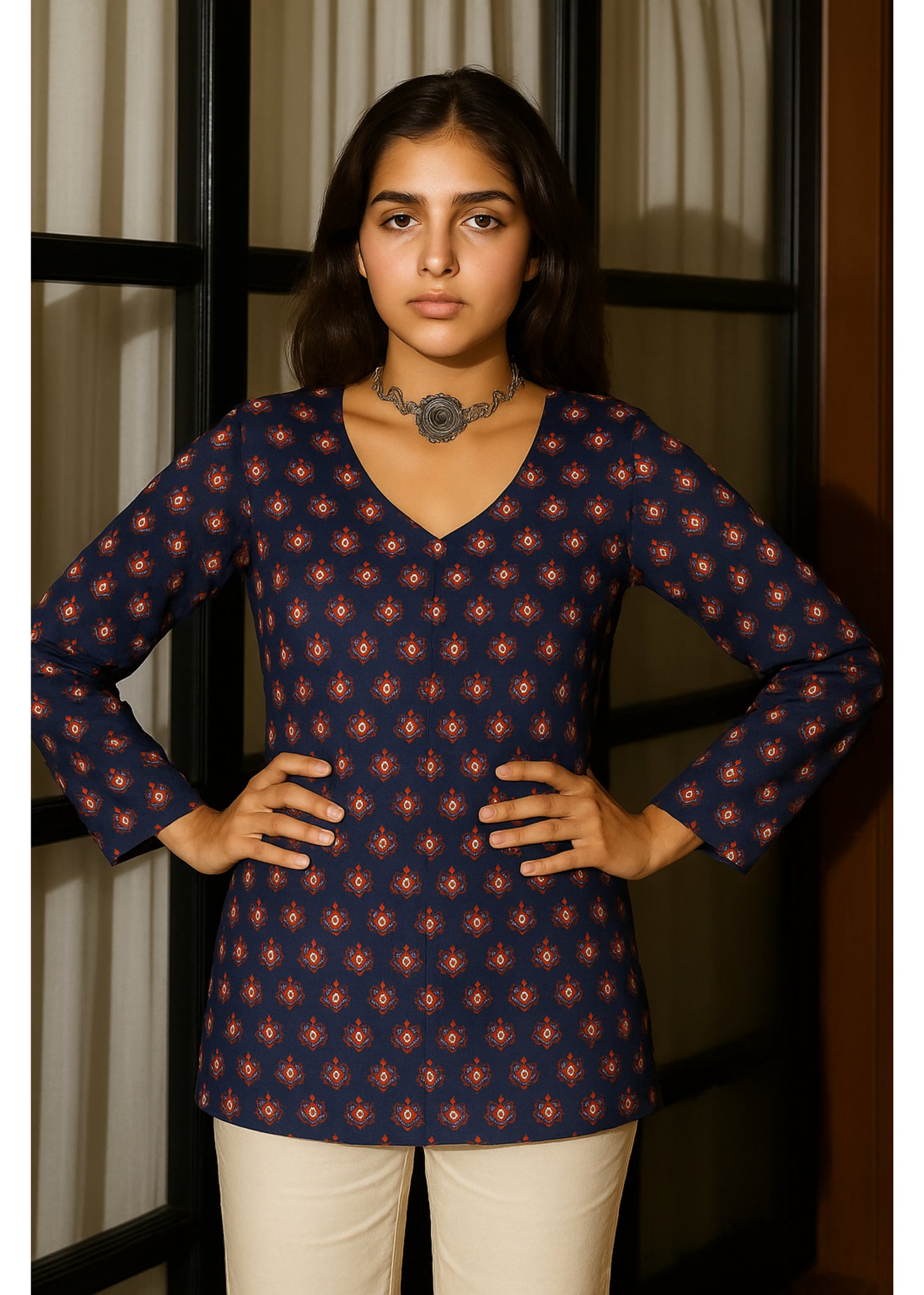 Navy Blue Full Sleeves Short Kurti