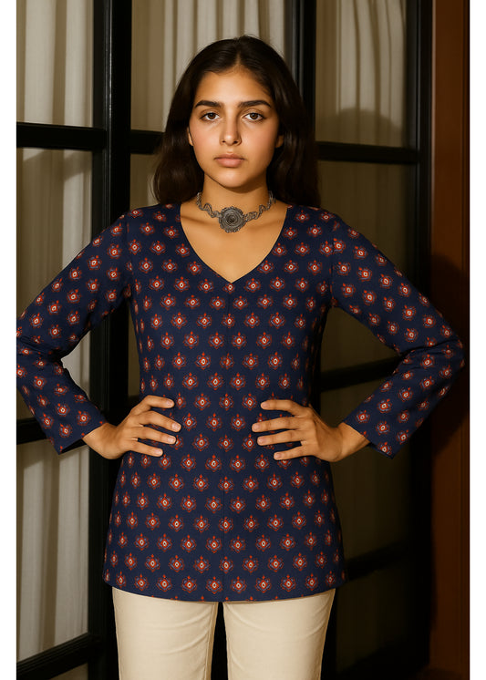 Navy Blue Full Sleeves Short Kurti