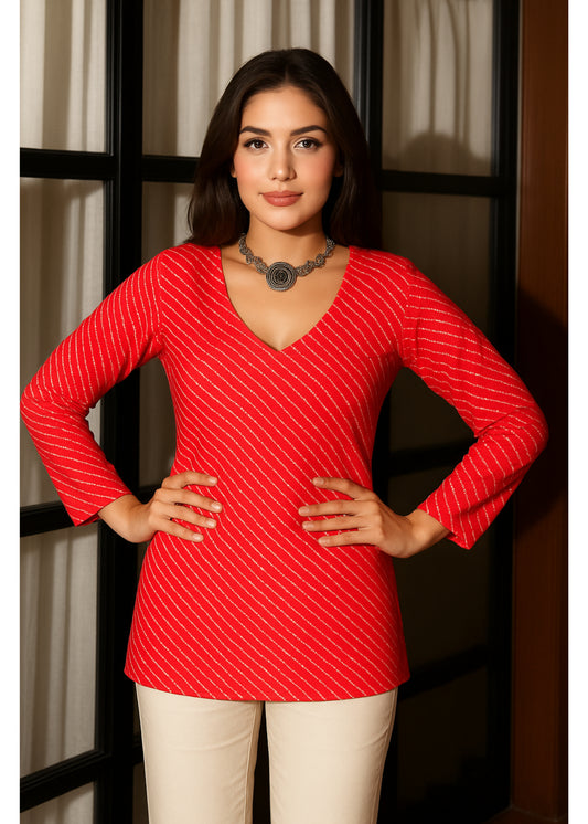 Red Leheriya Full Sleeves Short Kurti