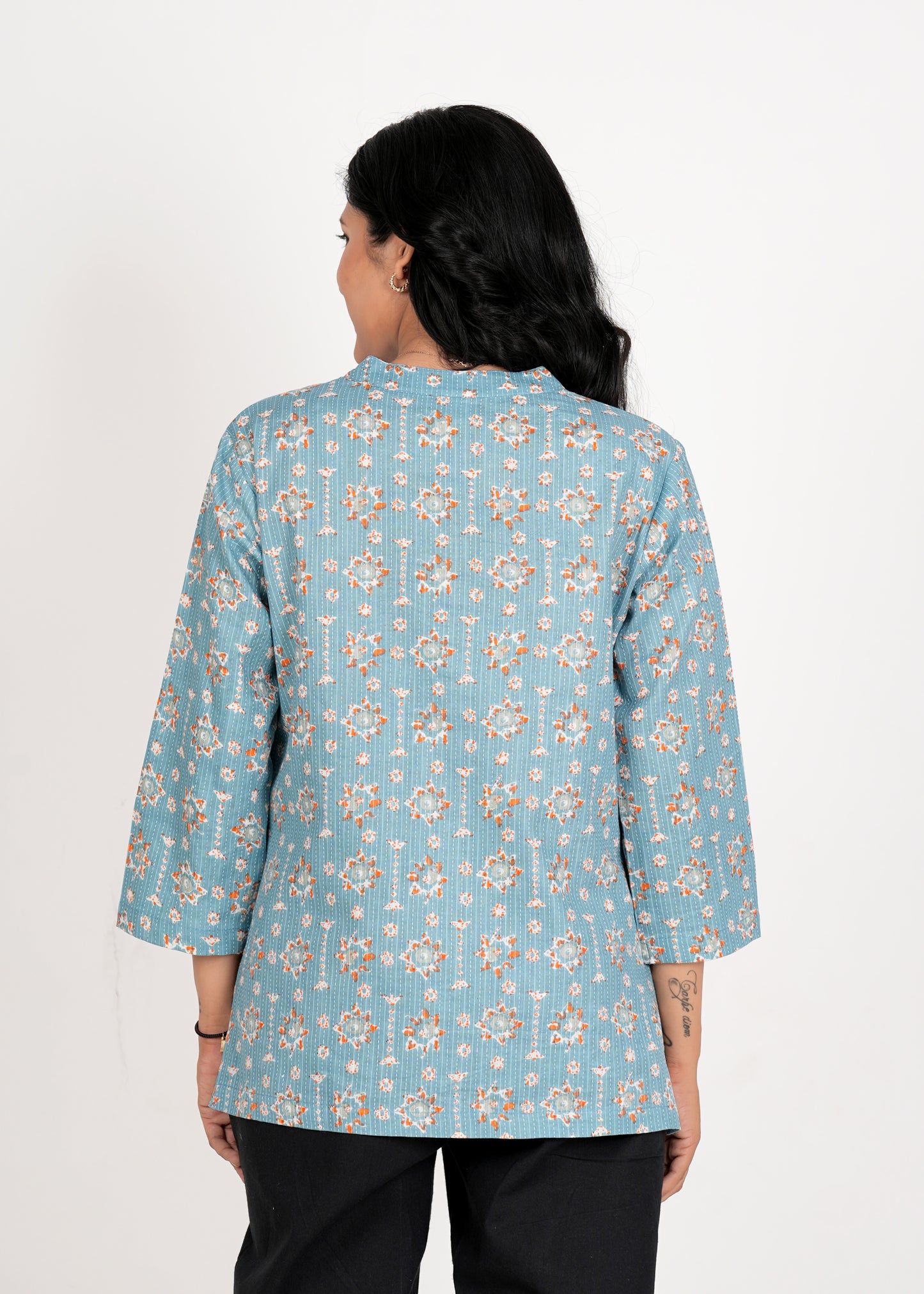 Moonstone Blue Katha Cotton Print Short Straight Kurta