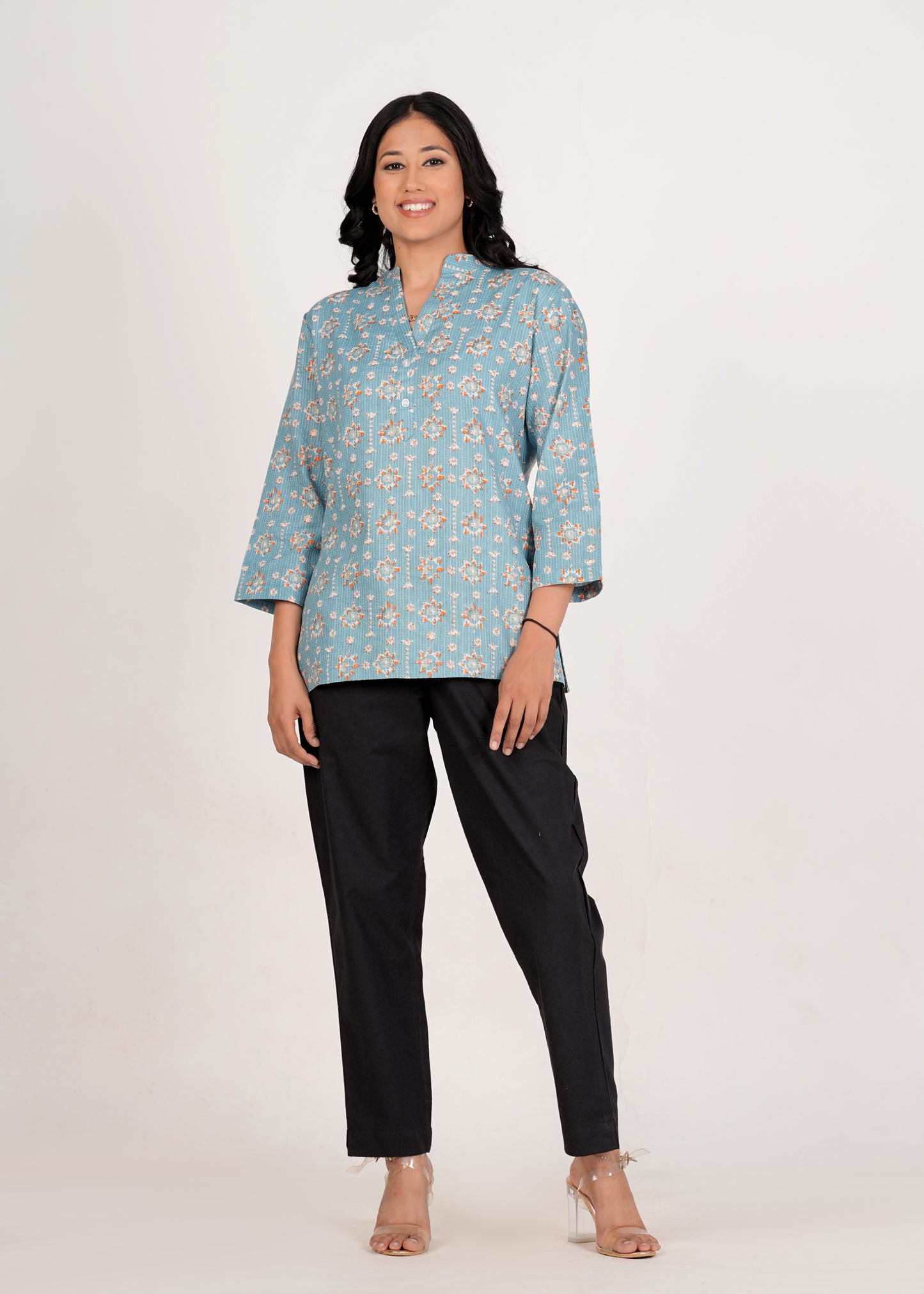 Moonstone Blue Katha Cotton Print Short Straight Kurta