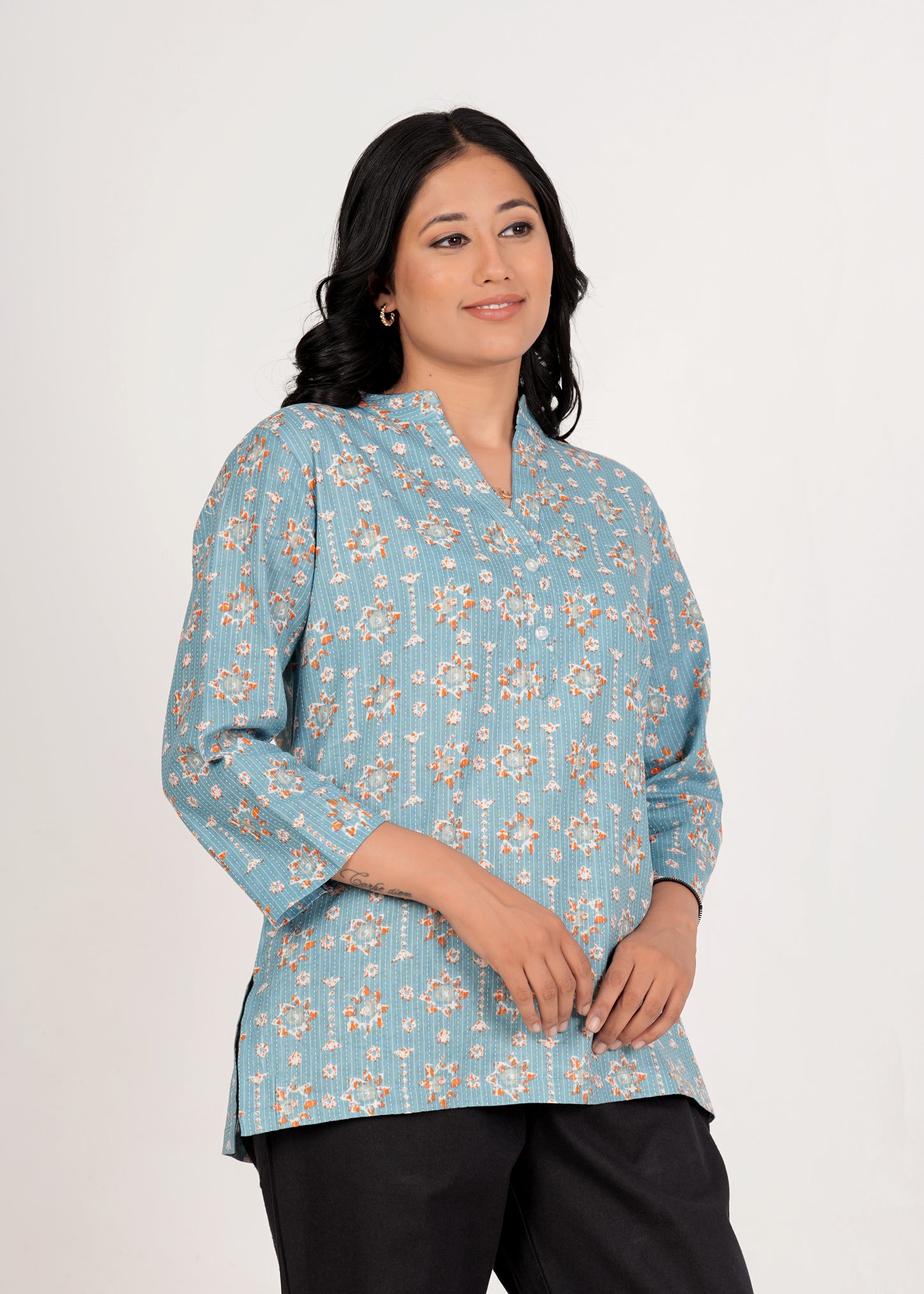 Moonstone Blue Katha Cotton Print Short Straight Kurta