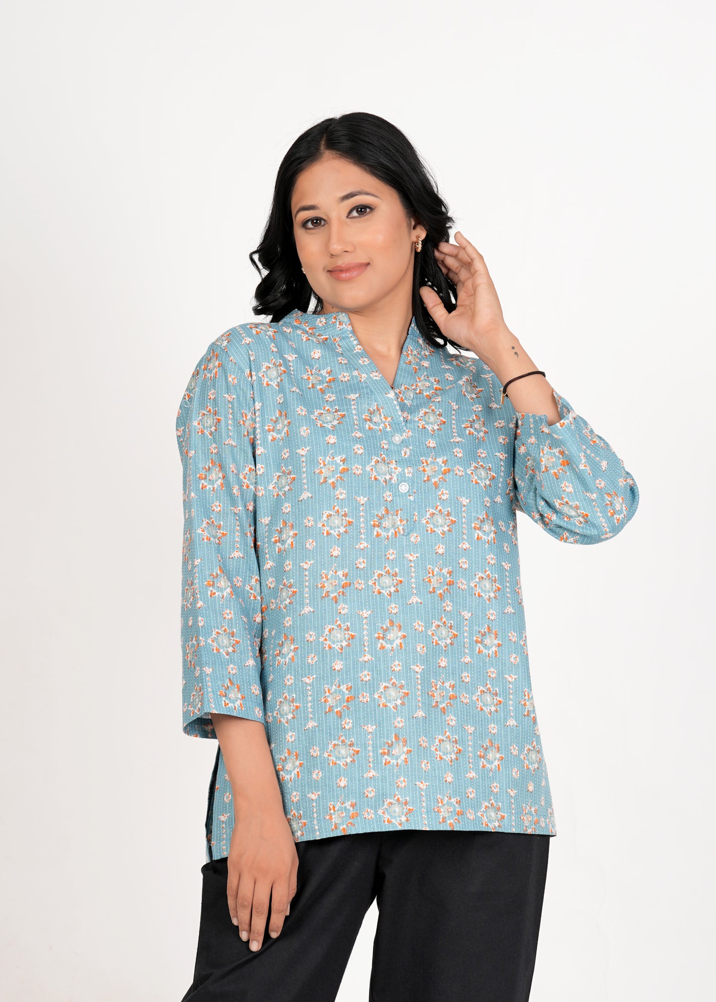 Moonstone Blue Katha Cotton Print Short Straight Kurta