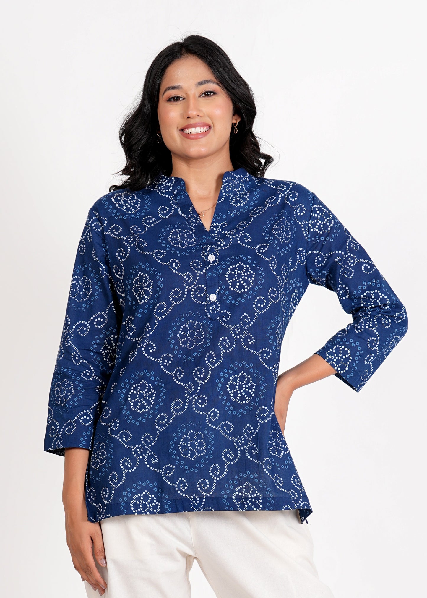 Blue Bandhani Short Straight Cotton Kurta