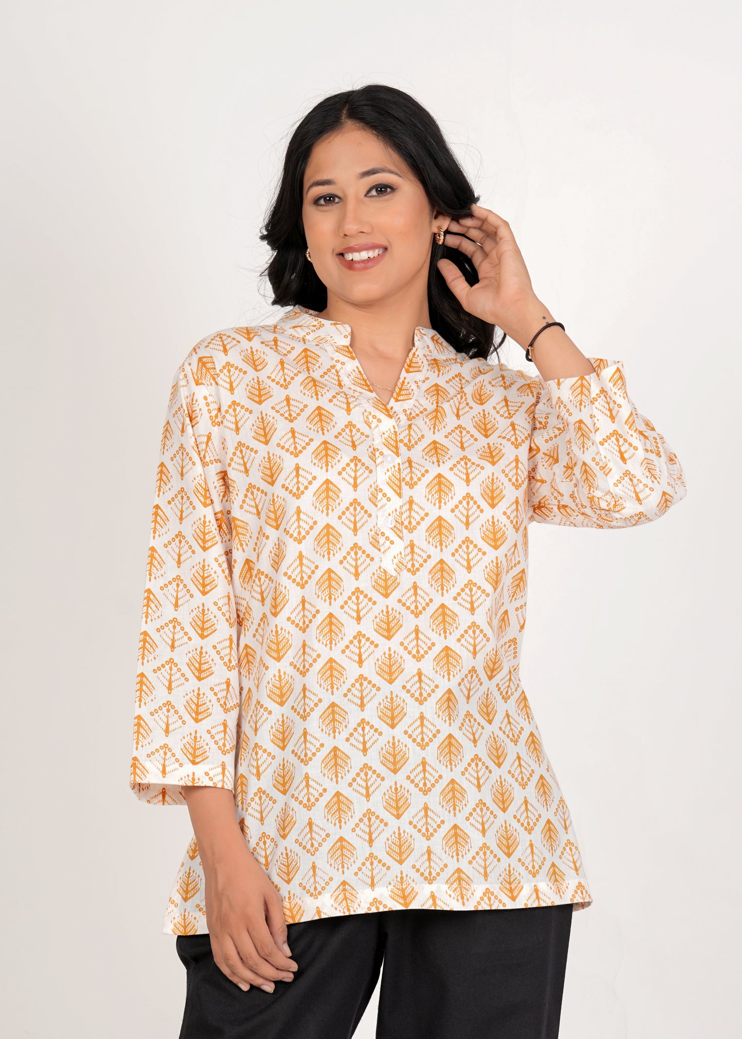 White & Orange Short Straight Cotton Kurta