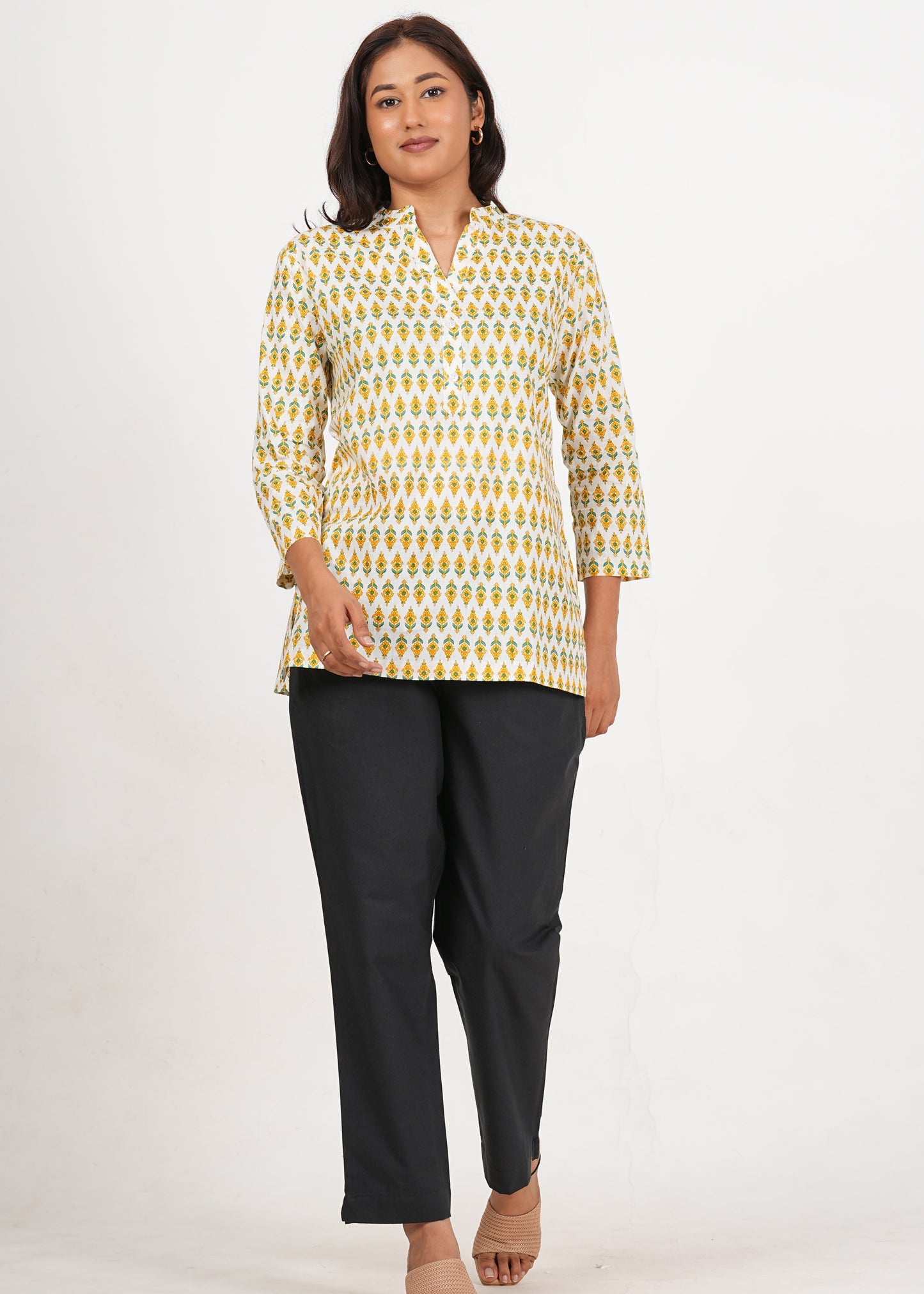 White & Yellow Floral Short Straight Cotton Kurta