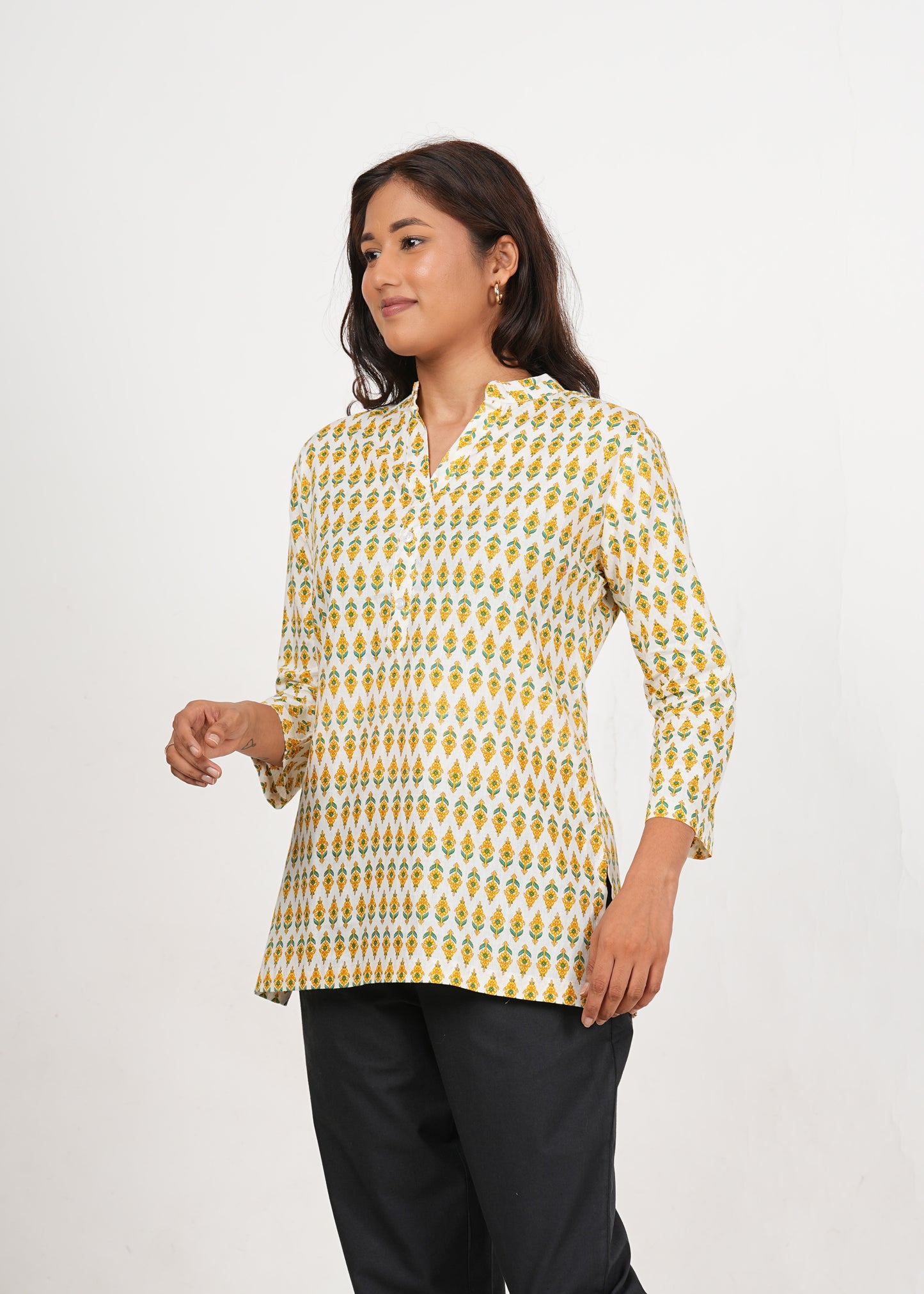 White & Yellow Floral Short Straight Cotton Kurta