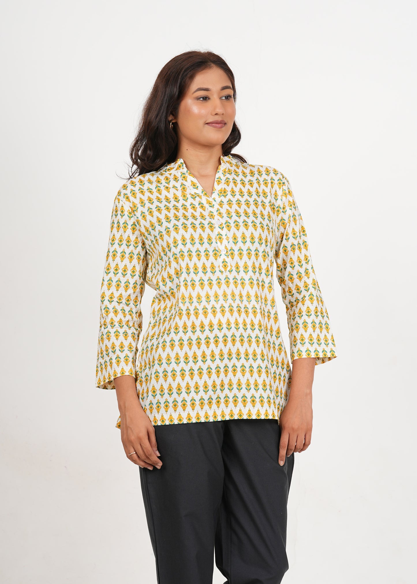 White & Yellow Floral Short Straight Cotton Kurta