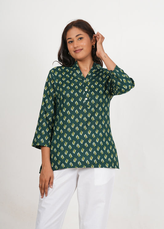 Dark Green Short Straight Cotton Kurta