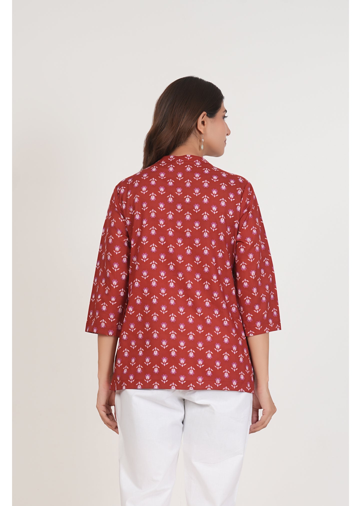 Red Floral Short Straight Cotton Kurta