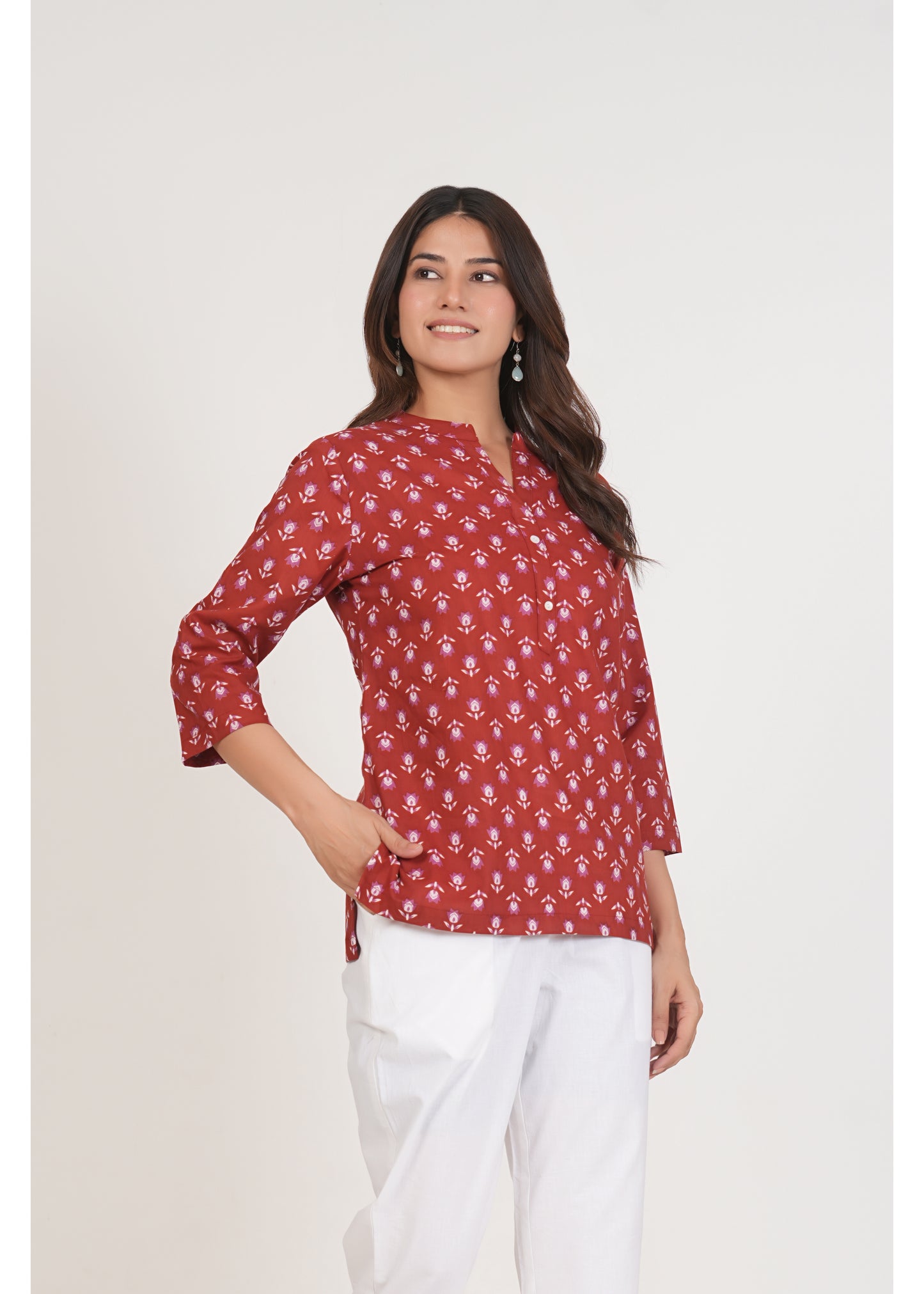 Red Floral Short Straight Cotton Kurta