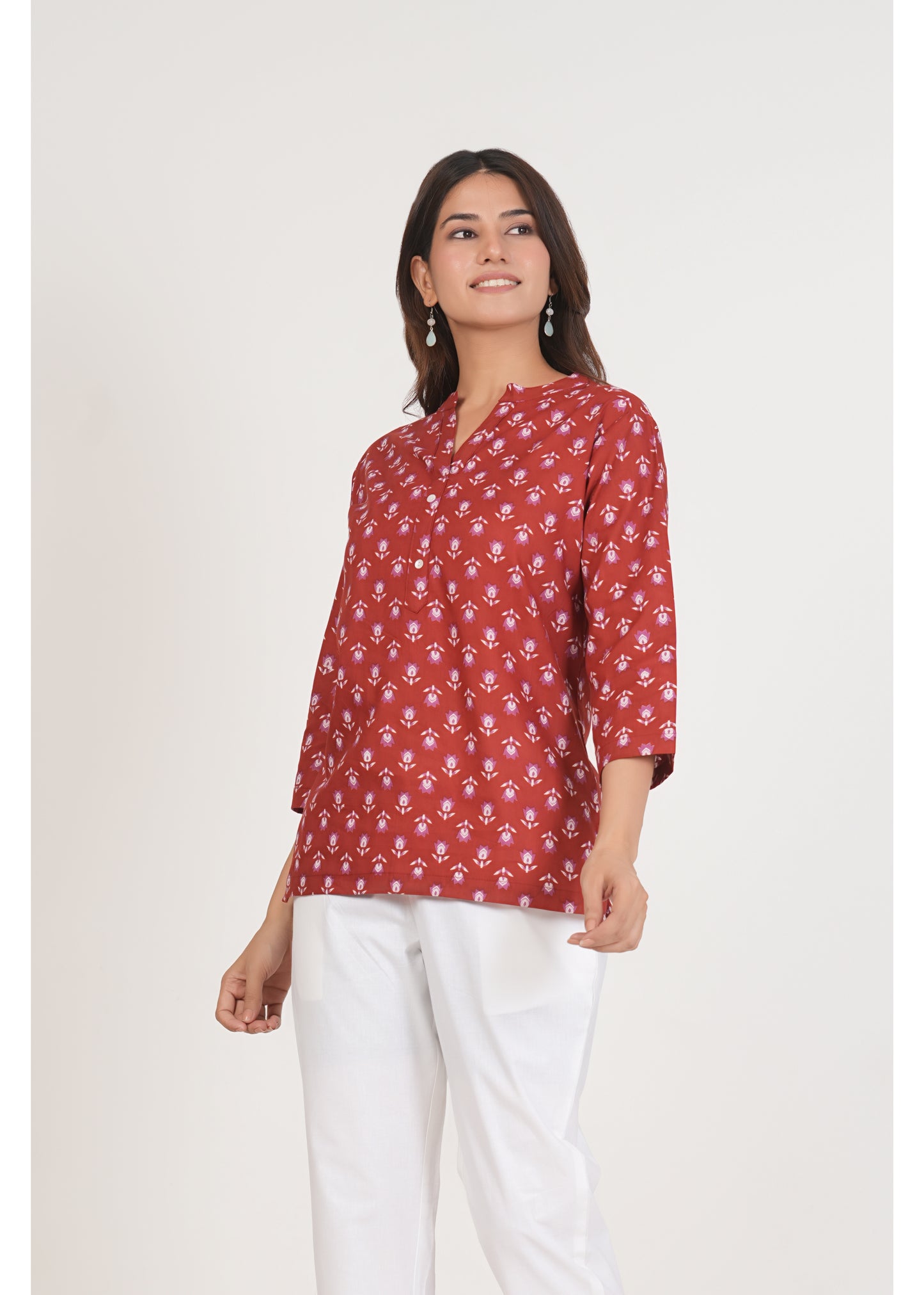 Red Floral Short Straight Cotton Kurta