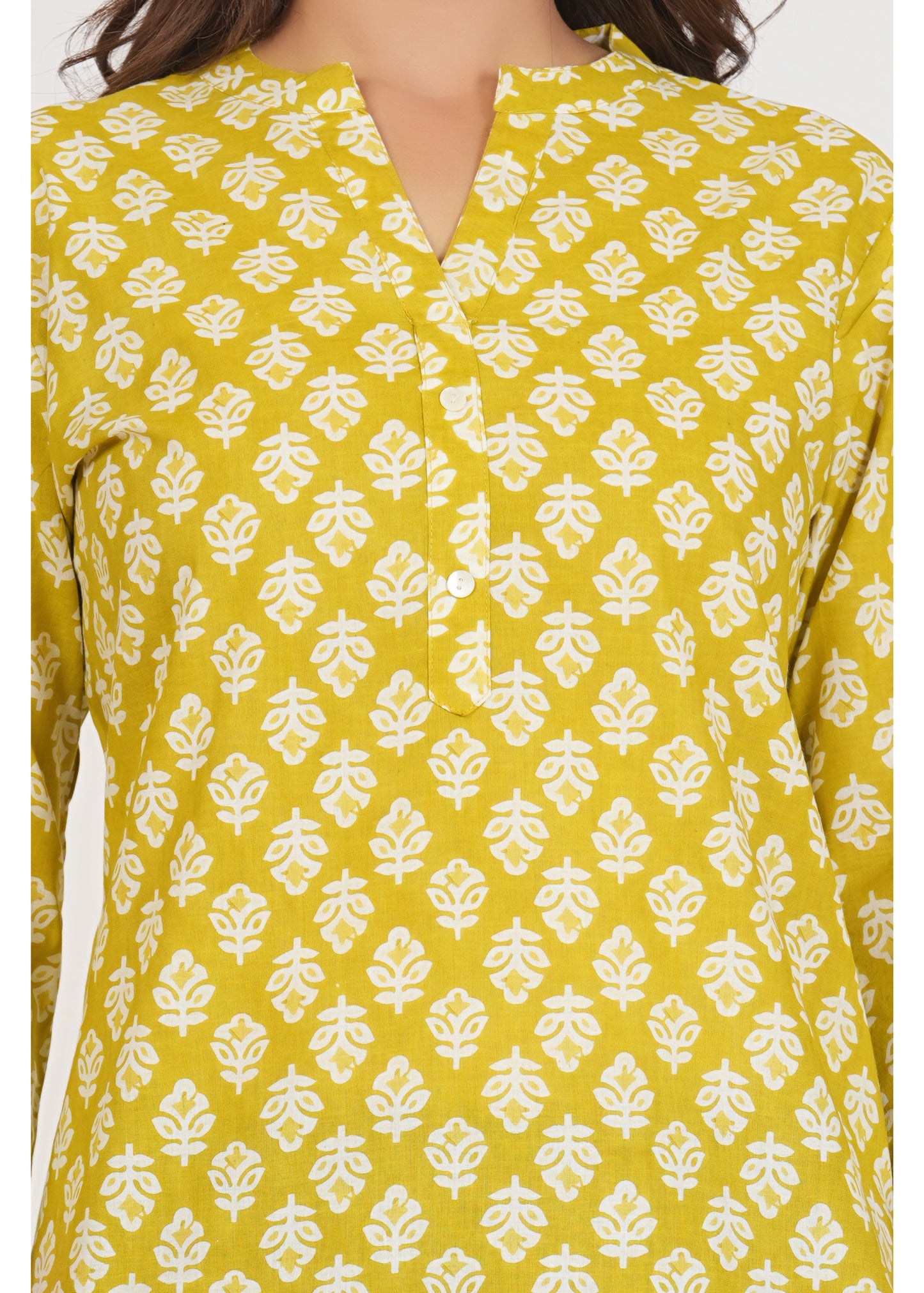 Lemon Floral Printed Short Straight Cotton Kurta