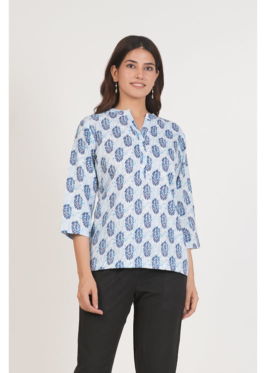 White & Blue Printed Short Straight Cotton Kurta