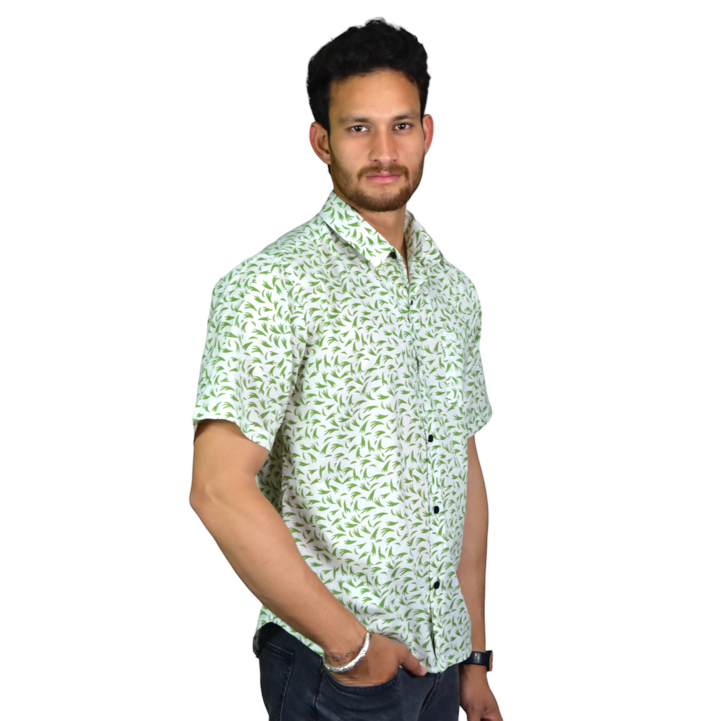 White & Green Textured Cotton Printed Shirt